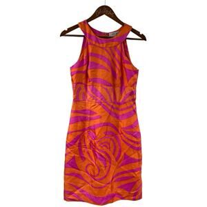 Skirtin Around Silk Dress Neon Pink Orange 2 Mod Groovy Swirly New Canaan CT